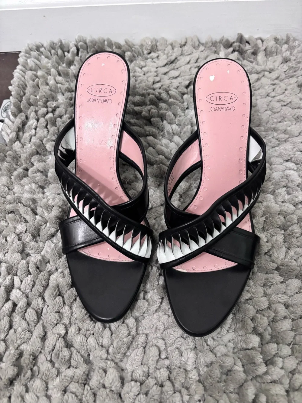 Joan & David Black Heeled Sandals with Pink Insole and White Accents